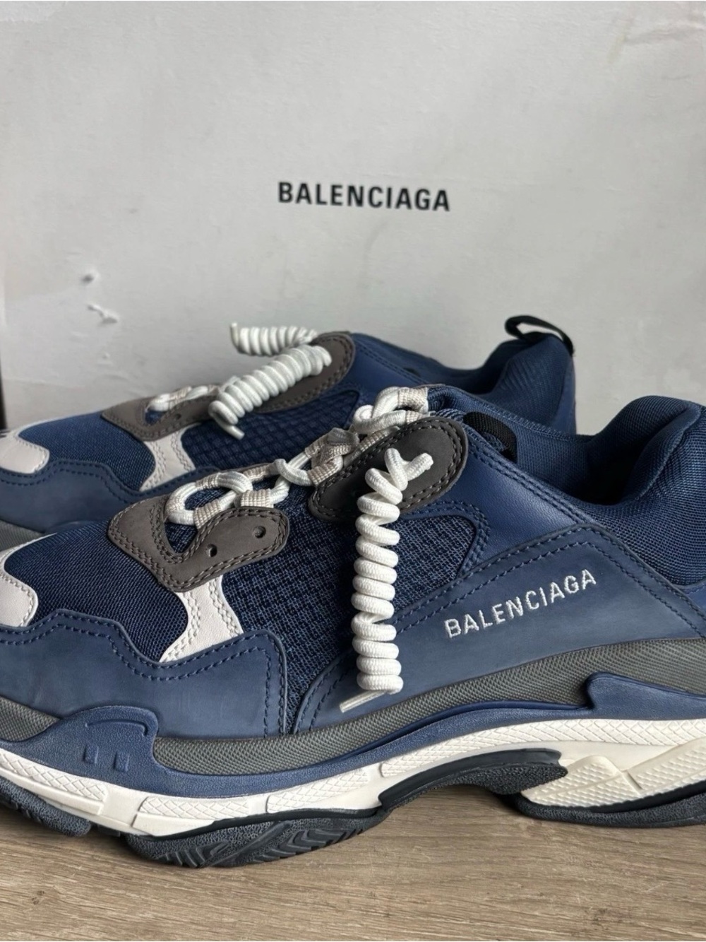 Balenciaga 'Triple S' Navy Blue Curly Lace Low Top Sneakers Sz 11 - Picture 3 of 13